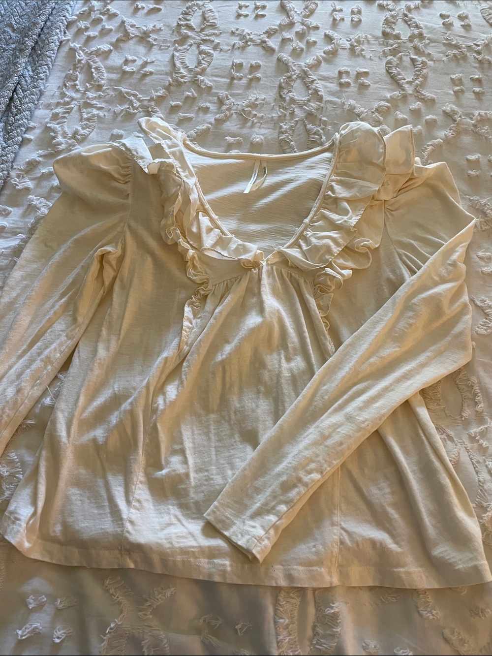 Anthropologie Cream Ruffle-Trim Long Sleeve Tee